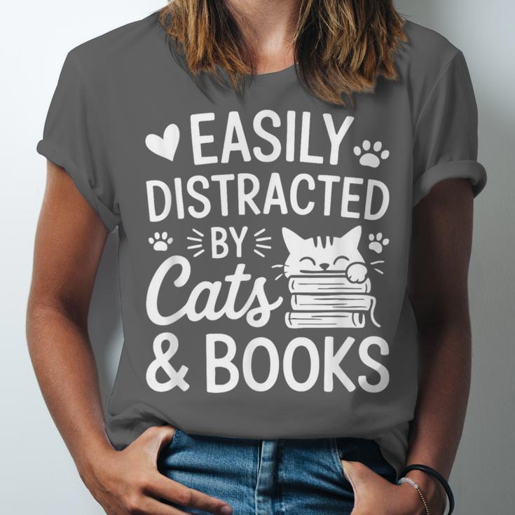Easily Distracted By Cats And Books Reading Apparel Unisex Jersey T-Shirt