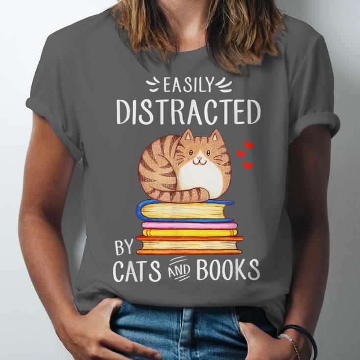 Easily Distracted By Cats And Books Reading Lover Bookish Unisex Jersey T-Shirt Easily Distracted By Cats And Books Reading Lover Bookish Unisex Jersey T-Shirt