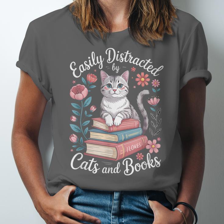 Easily Distracted By Cats And Books Reading Unisex Jersey T-Shirt