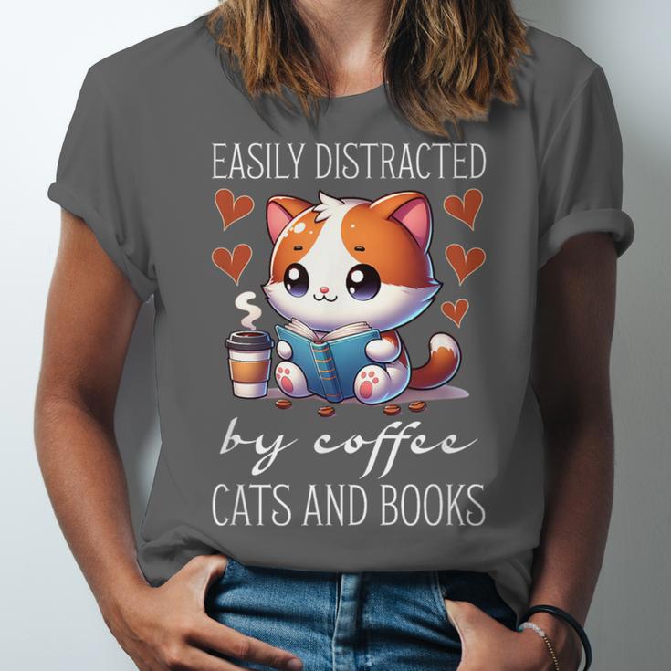 Easily Distracted By Coffee Cats And Books Unisex Jersey T-Shirt