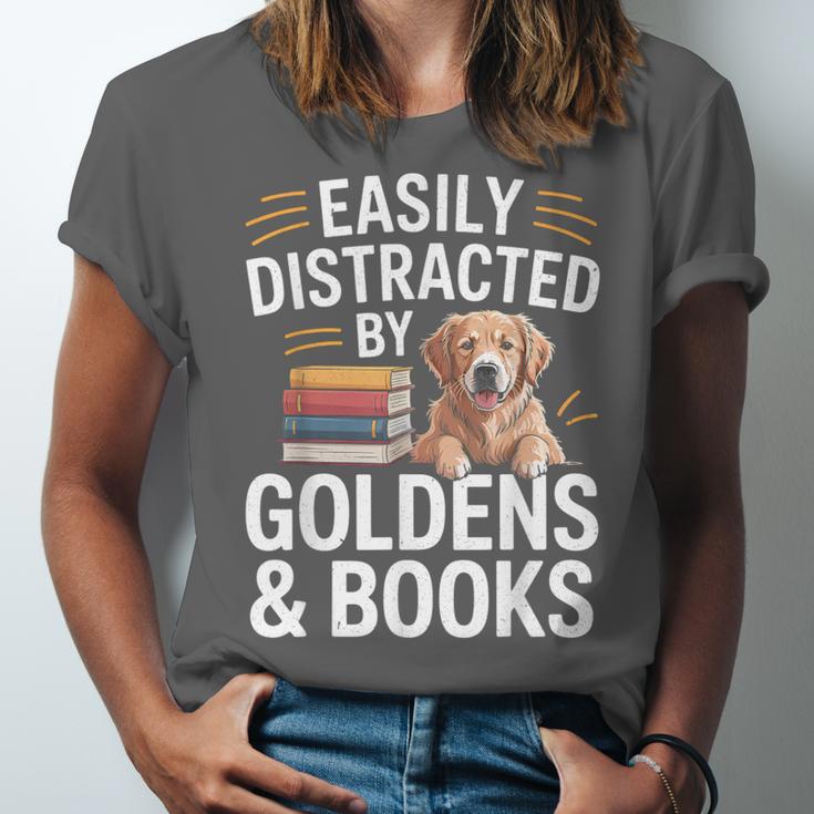 Easily Distracted By Goldens & Books Golden Retriever Dog Unisex Jersey T-Shirt
