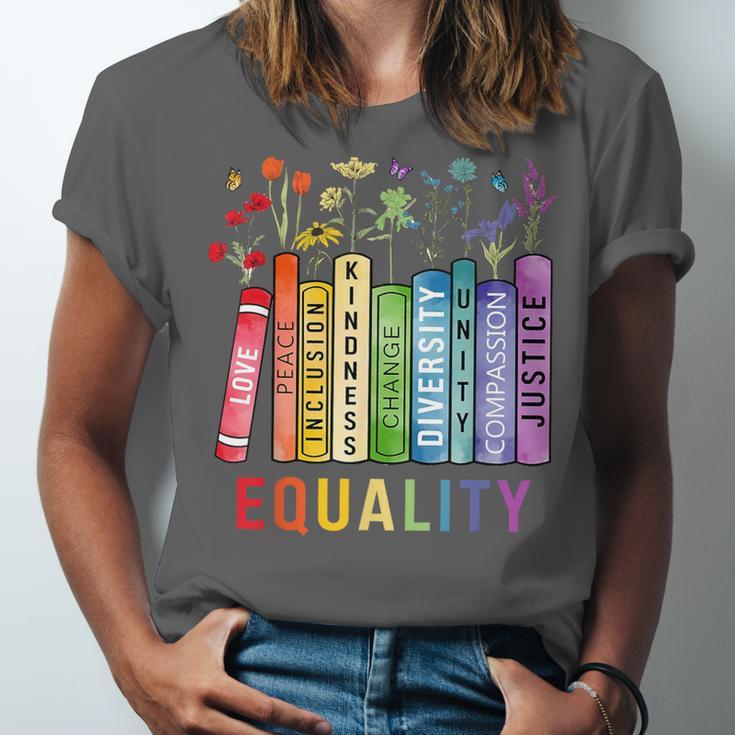 Equality Books Peace Love Compassion LGBT Gay Lesbian Pride Unisex Jersey T-Shirt Equality Books Peace Love Compassion LGBT Gay Lesbian Pride Unisex Jersey T-Shirt
