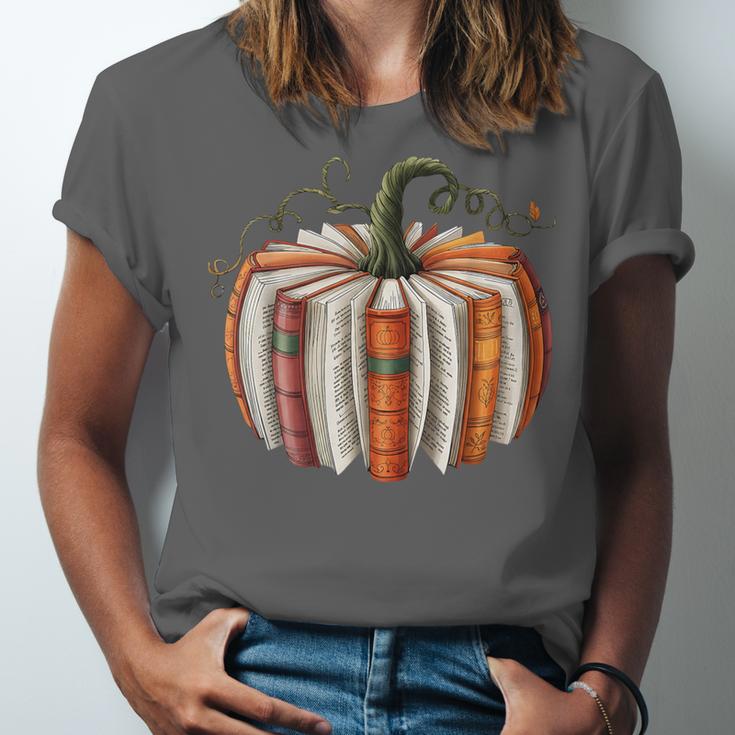 Fall Book Pumpkin Halloween Teacher Librarian Thanksgiving Unisex Jersey T-Shirt