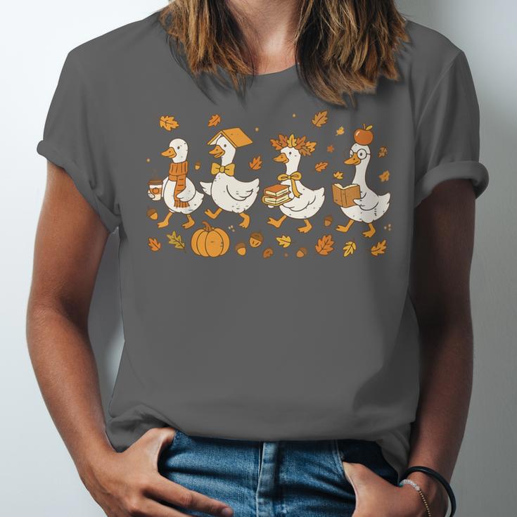 Fall Goose Reading Book Teacher Autumn Pumpkin Cozy Season Unisex Jersey T-Shirt