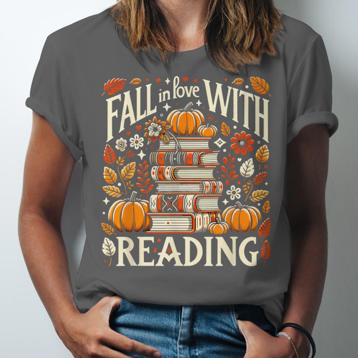 Fall In Love With Reading Book Autumn Pumpkins And Teachers Unisex Jersey T-Shirt