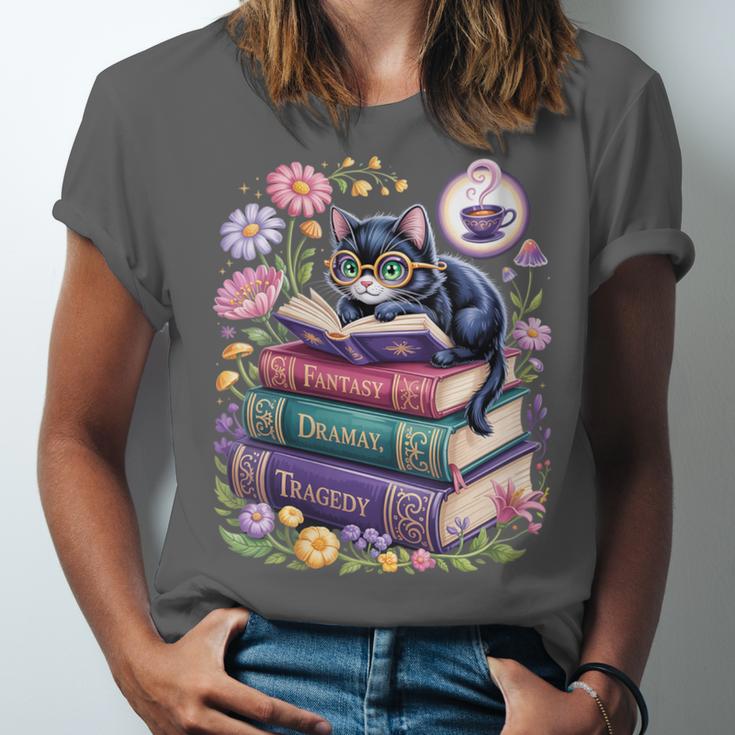 Fantasy Drama Tragedy Cute Cat Book Lover Readers Librarians Unisex Jersey T-Shirt