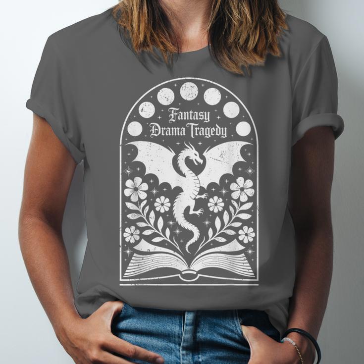 Fantasy Drama Tragedy Dragon Book Magic Gothic Moon Phases Unisex Jersey T-Shirt