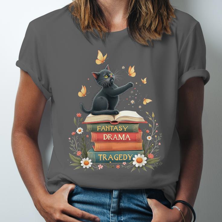 Fantasy Drama Tragedy Reading Lover Book Cat Humor Unisex Jersey T-Shirt