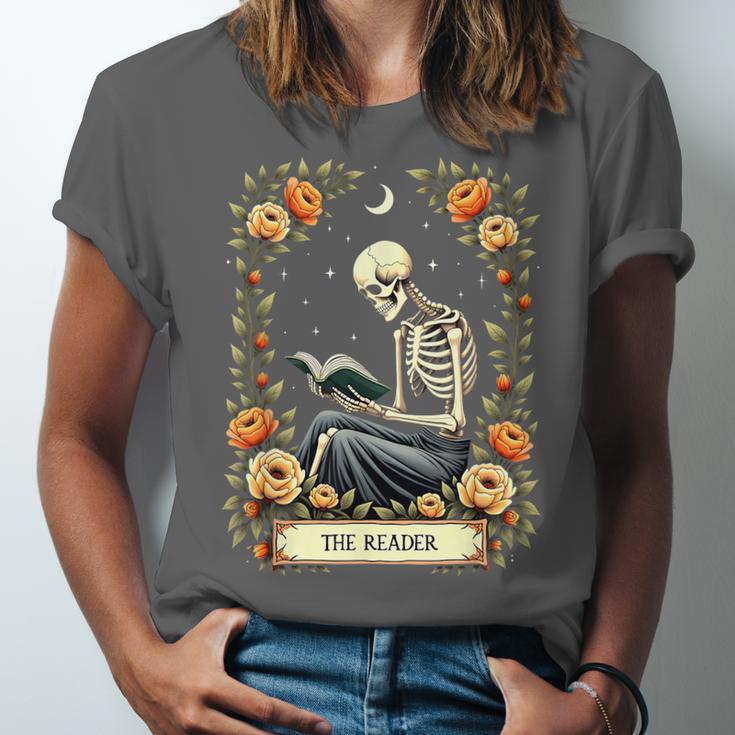 Floral Tarot Card The Reader Skeleton Reading Book Unisex Jersey T-Shirt