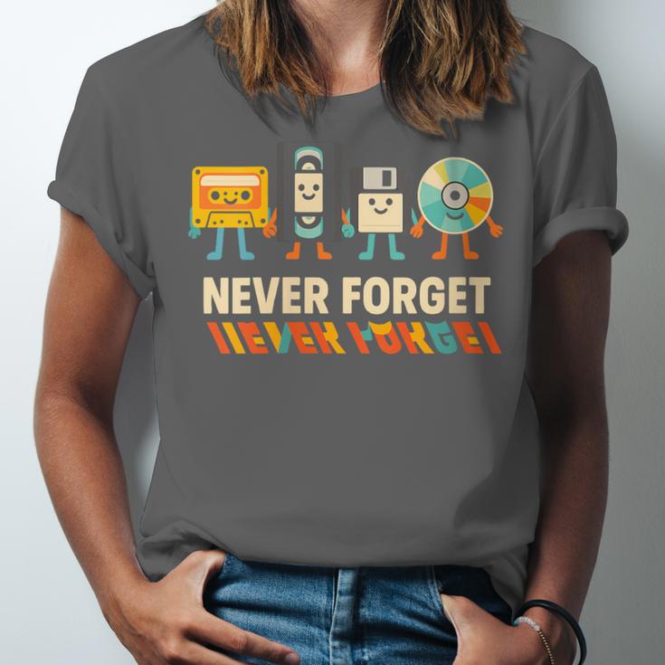 Never Forget Retro Cassette VHS Floppy CD Nostalgia Humor Unisex Jersey T-Shirt Never Forget Retro Cassette VHS Floppy CD Nostalgia Humor Unisex Jersey T-Shirt