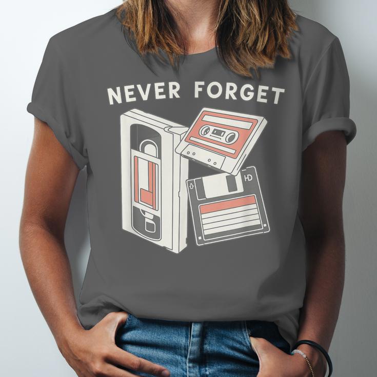 Never Forget VHS Tape Cassette Floppy Disk Nostalgia 80s 90s Unisex Jersey T-Shirt