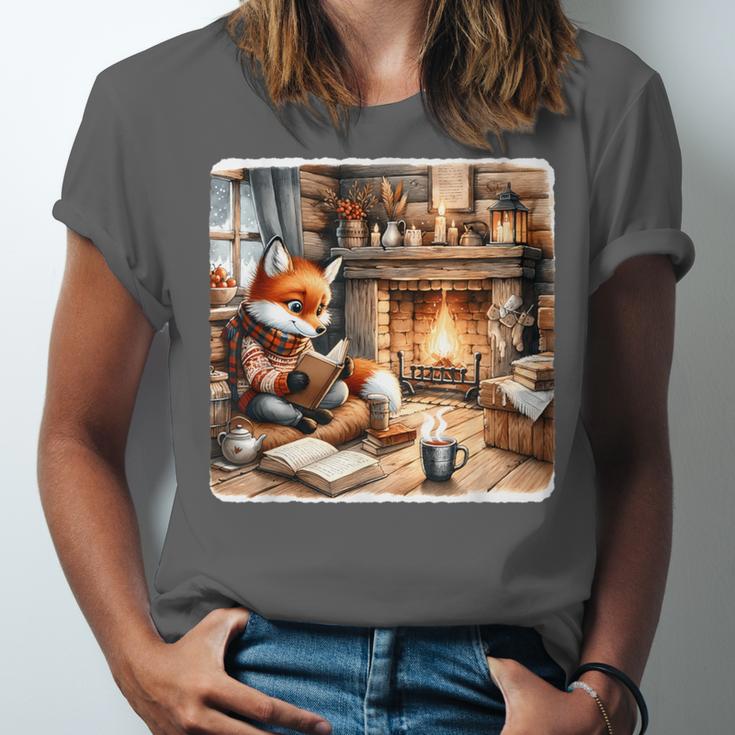 Fox Reads By Fireplace In Cabin Rustic Book Cozy Cup Tea Unisex Jersey T-Shirt