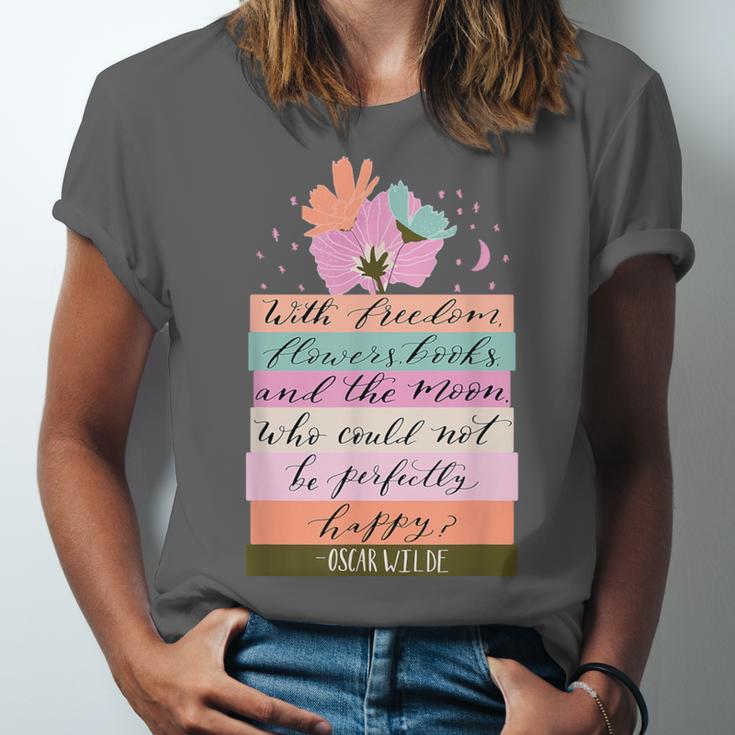 With Freedom Flowers Books And The Moon Unisex Jersey T-Shirt With Freedom Flowers Books And The Moon Unisex Jersey T-Shirt