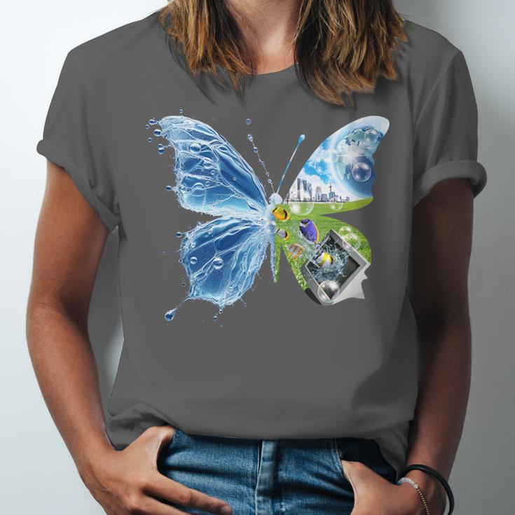Frutiger Aero Aesthetic Butterfly Computer Fishes Scenery Unisex Jersey T-Shirt