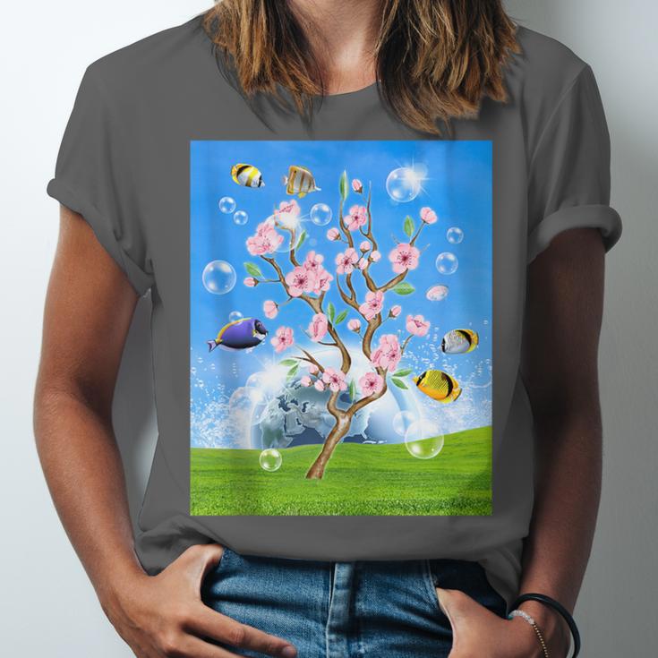 Frutiger Aero Aesthetic Tech Cherry Blossom Fishes Bubbles Unisex Jersey T-Shirt Frutiger Aero Aesthetic Tech Cherry Blossom Fishes Bubbles Unisex Jersey T-Shirt