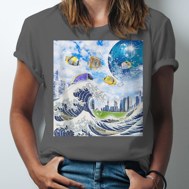 Frutiger Aero Aesthetic Tech Great Wave Of Kanagawa Fishes Unisex Jersey T-Shirt Frutiger Aero Aesthetic Tech Great Wave Of Kanagawa Fishes Unisex Jersey T-Shirt