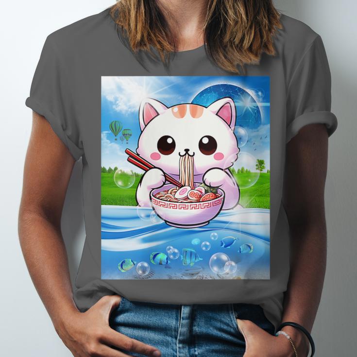 Frutiger Aero Aesthetic Tech Kawaii Ramen Cat Fishes Unisex Jersey T-Shirt