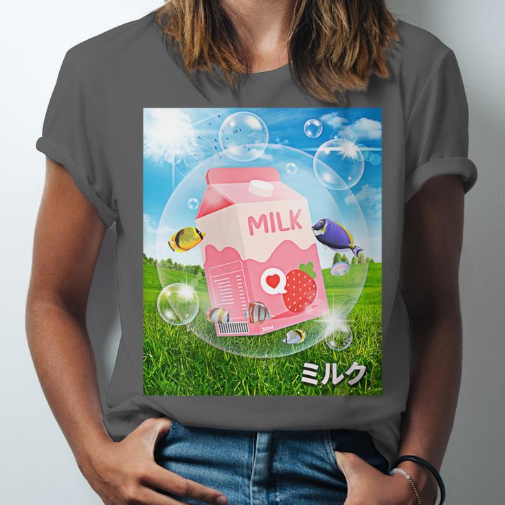 Frutiger Aero Aesthetic Tech Kawaii Strawberry Milk Fishes Unisex Jersey T-Shirt Frutiger Aero Aesthetic Tech Kawaii Strawberry Milk Fishes Unisex Jersey T-Shirt