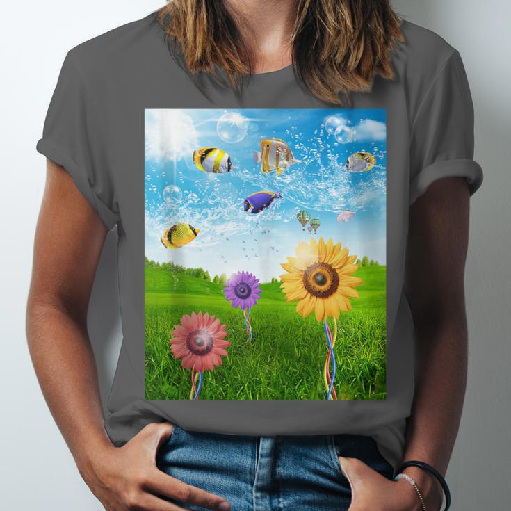 Frutiger Aero Aesthetic Tech Scenery Fishes Sunflower Unisex Jersey T-Shirt