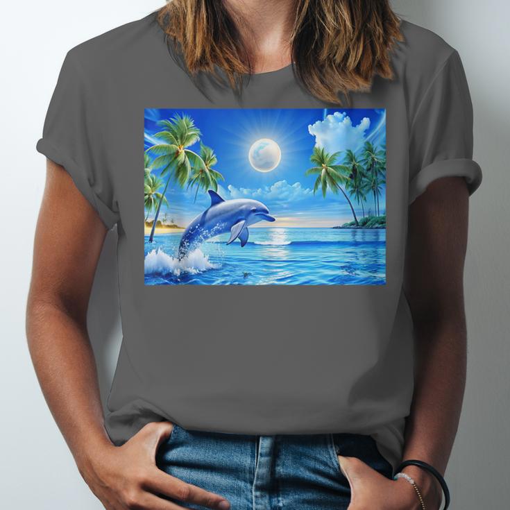 Frutiger Aero Dolphin Sunset Ocean With Palm Trees Y2k Unisex Jersey T-Shirt