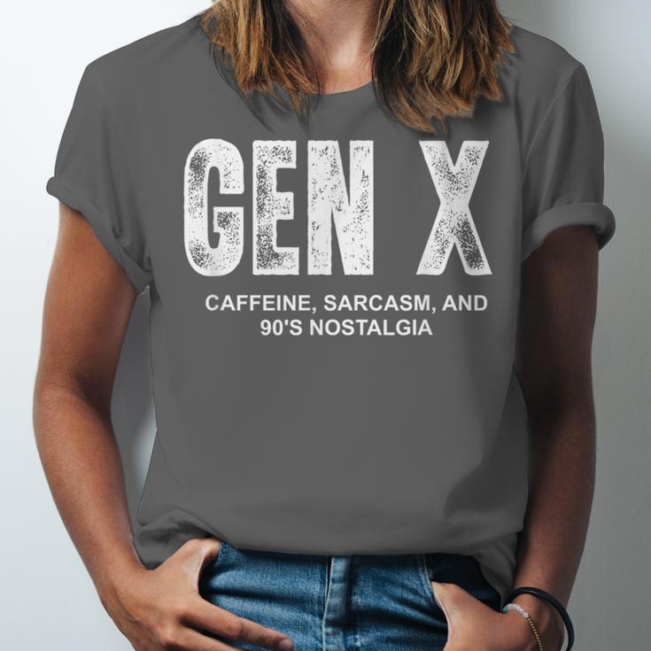 Gen X Caffeine Sarcasm 90s Nostalgia Men Women Graphic Unisex Jersey T-Shirt Gen X Caffeine Sarcasm 90s Nostalgia Men Women Graphic Unisex Jersey T-Shirt