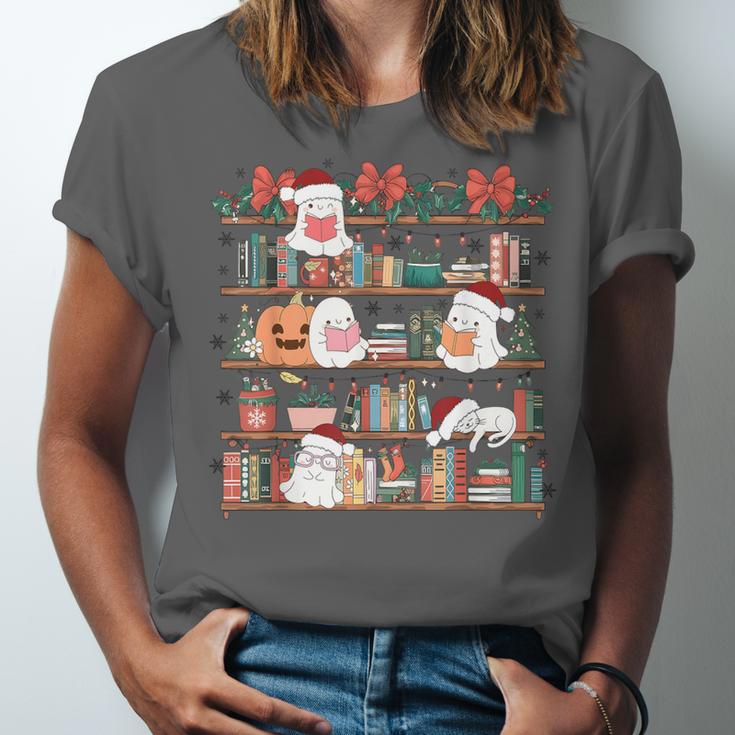 Ghost Christmas Reading Book Lover Library Christmas Teacher Unisex Jersey T-Shirt