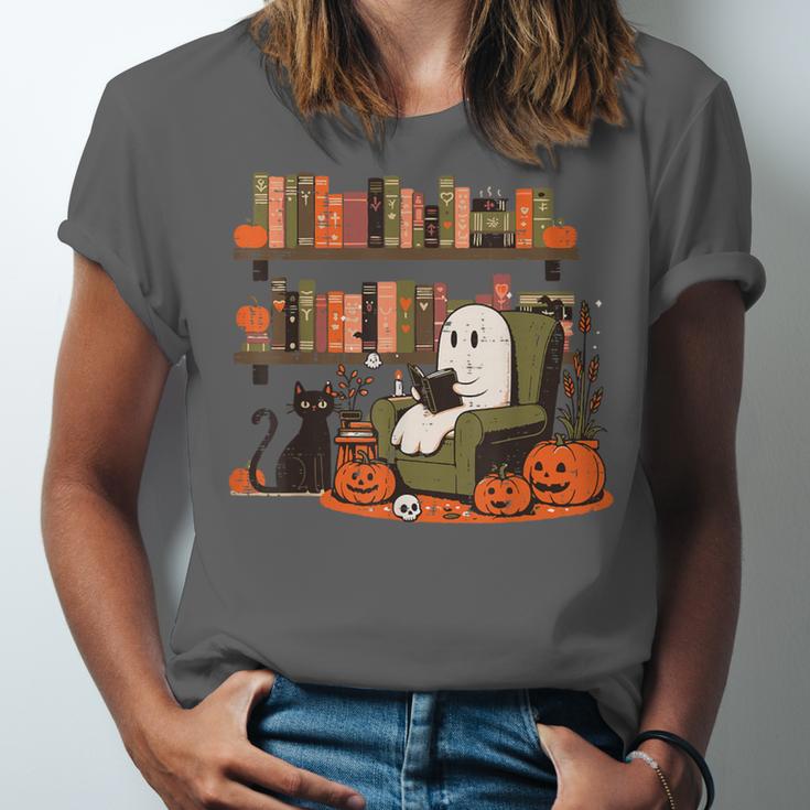 Ghost Library Reading Books Halloween Men Women Kids Unisex Jersey T-Shirt