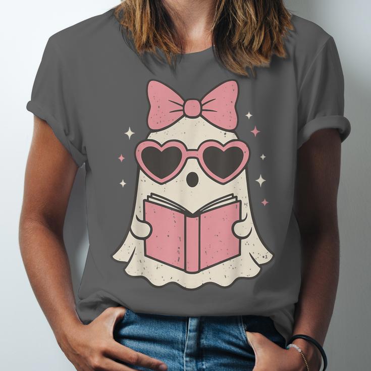 Ghost Reading Book Halloween Cat Lover Unisex Jersey T-Shirt