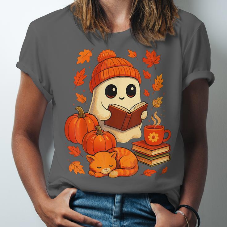 Ghost Reading Book Lovers Autumn Fall Halloween Unisex Jersey T-Shirt