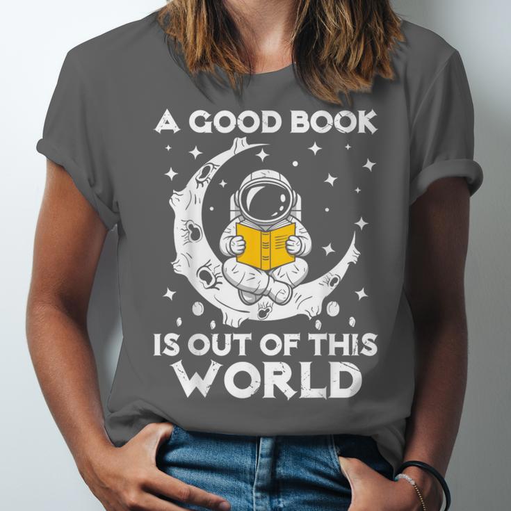 Good Book Is Out Of This World Astronaut Moon Space Reading Unisex Jersey T-Shirt