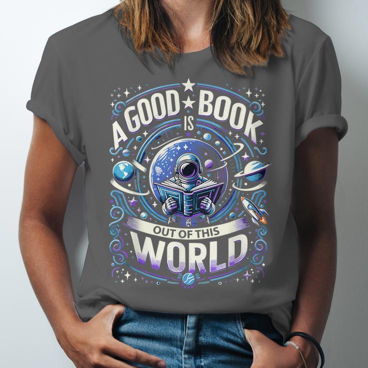 A Good Book Is Out Of This World Shirt Astronaut Reading Unisex Jersey T-Shirt