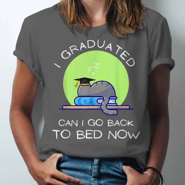 I Graduated Can I Go Back To Bed Now Cat Graduation For Men Women Girls Kids Unisex Jersey T-Shirt