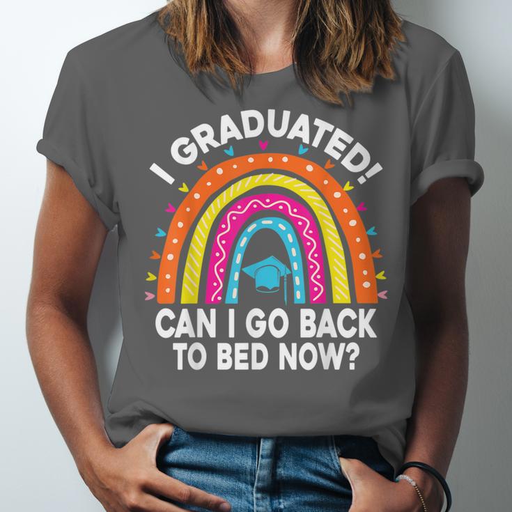 I Graduated Can I Go Back To Bed Now Graduation Hat Rainbow Unisex Jersey T-Shirt