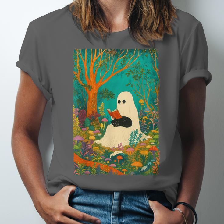 Groovy Ghost Reading Book Cat Halloween Ghost Teacher Unisex Jersey T-Shirt
