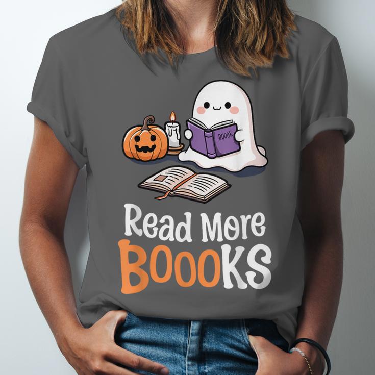Halloween Teacher Women Cute Reading Ghost Read More Books Unisex Jersey T-Shirt