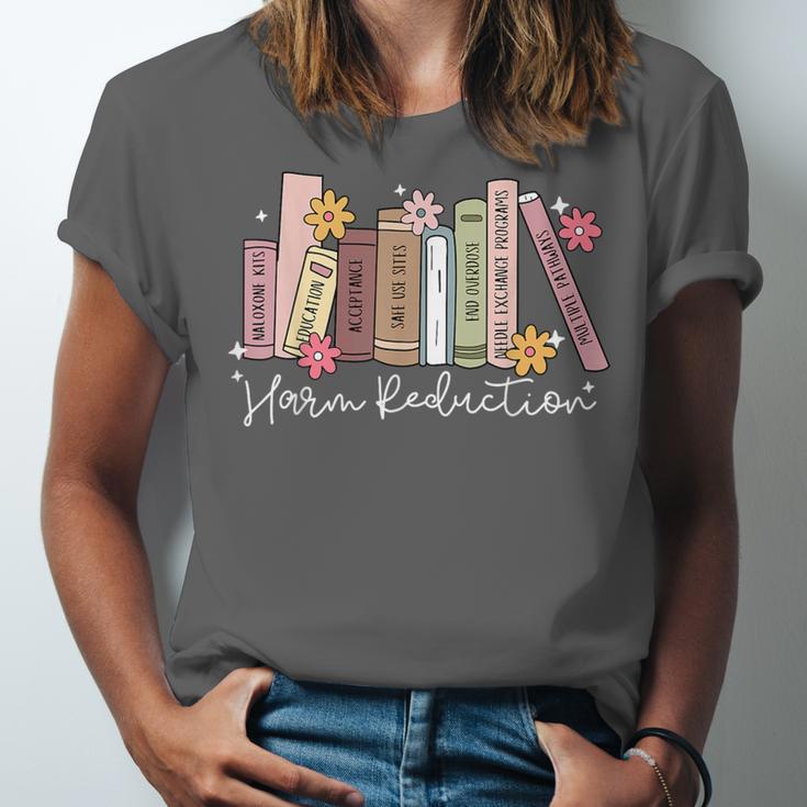 Harm Reduction Floral Book Overdose Awareness Nurse Unisex Jersey T-Shirt