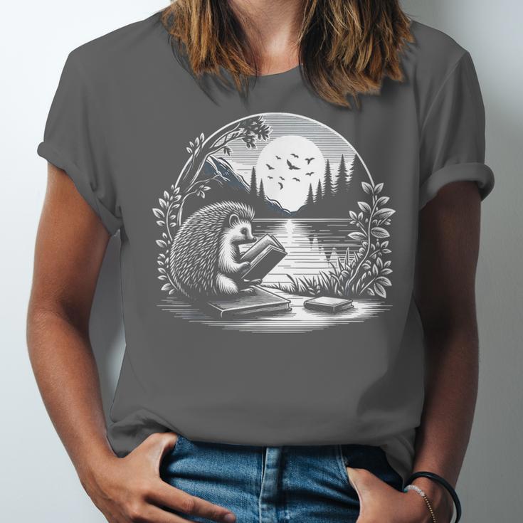 Hedgehog Reading Book Full Moon Lake Scenery Unisex Jersey T-Shirt