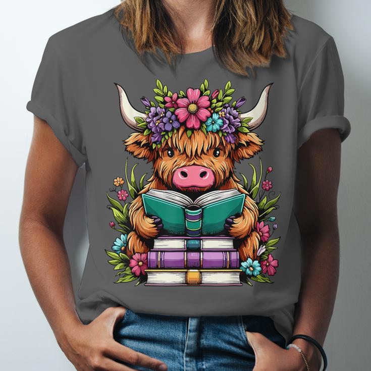Highland Cow Book Floral Bookworm Unisex Jersey T-Shirt