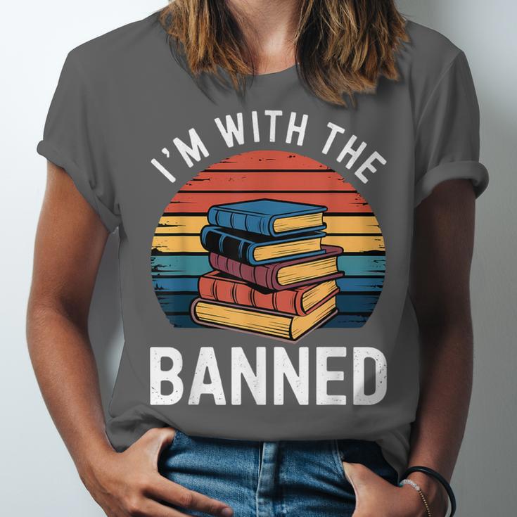 I'm With The Banned Stack Of Books Vintage Sunset Retro Unisex Jersey T-Shirt