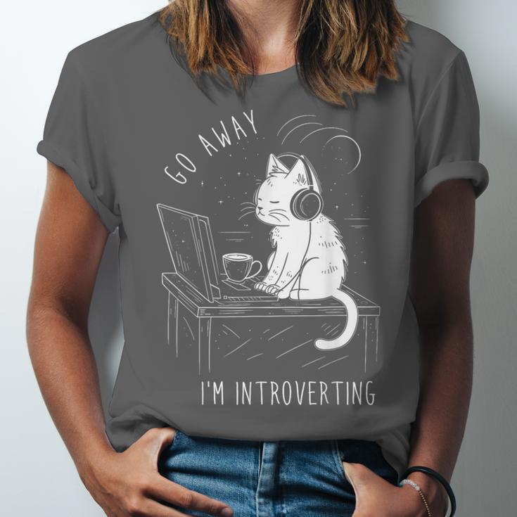 Introvert Cat With Coffee On Computer Antisocial Emo Goth Unisex Jersey T-Shirt