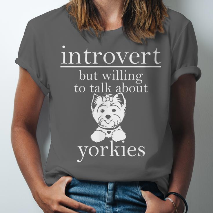 Introvert But Willing To Talk About Yorkies Unisex Jersey T-Shirt