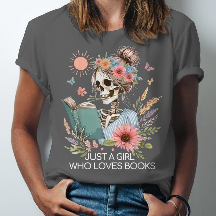 Just A Girl Who Loves Books Messy Bun Book Skeleton Bookworm Unisex Jersey T-Shirt