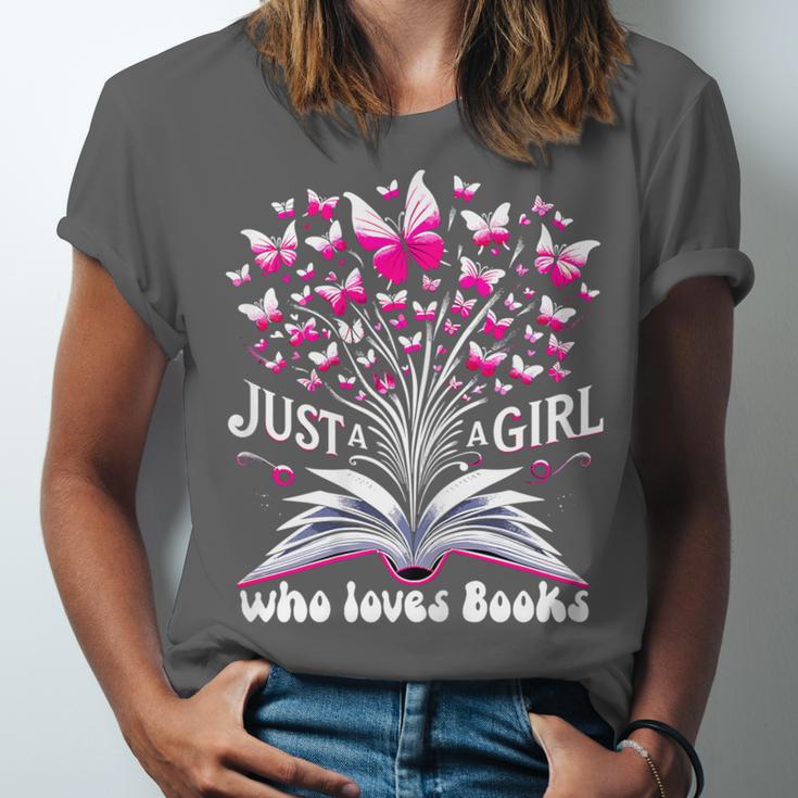Just a Girl Who Loves Books Reading Book Butterfly Bookworm Unisex Jersey T-Shirt