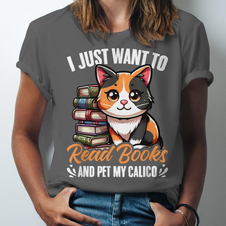 Kawaii Feline Book Reading Read Books Pet My Calico Cat Men Women Unisex Jersey T-Shirt