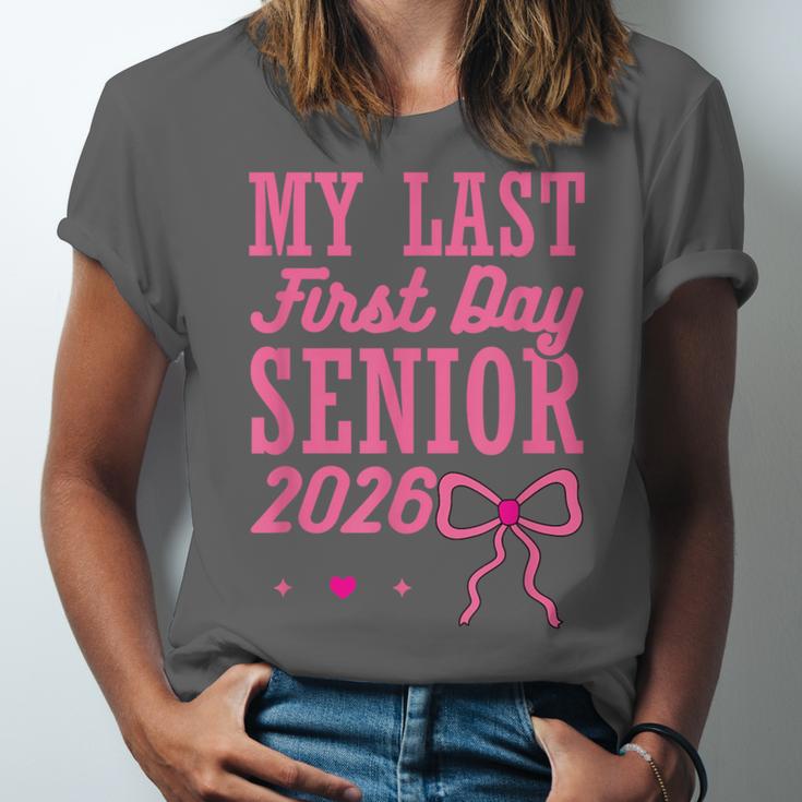 My Last First Day Senior 2026 Coquette Pink Bow Graduation Unisex Jersey T-Shirt