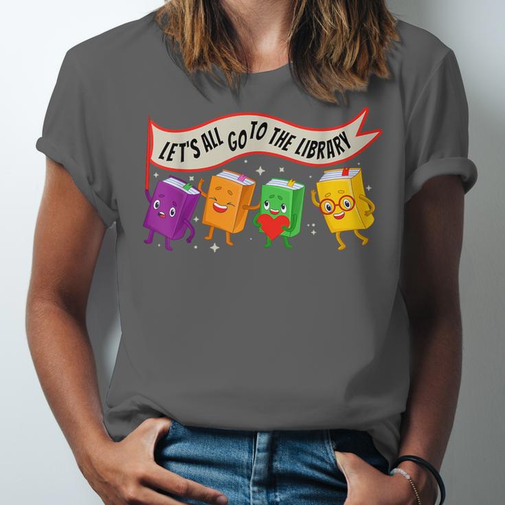 Librarian Let's All Go To The Library Cute Groovy Book Lover Unisex Jersey T-Shirt