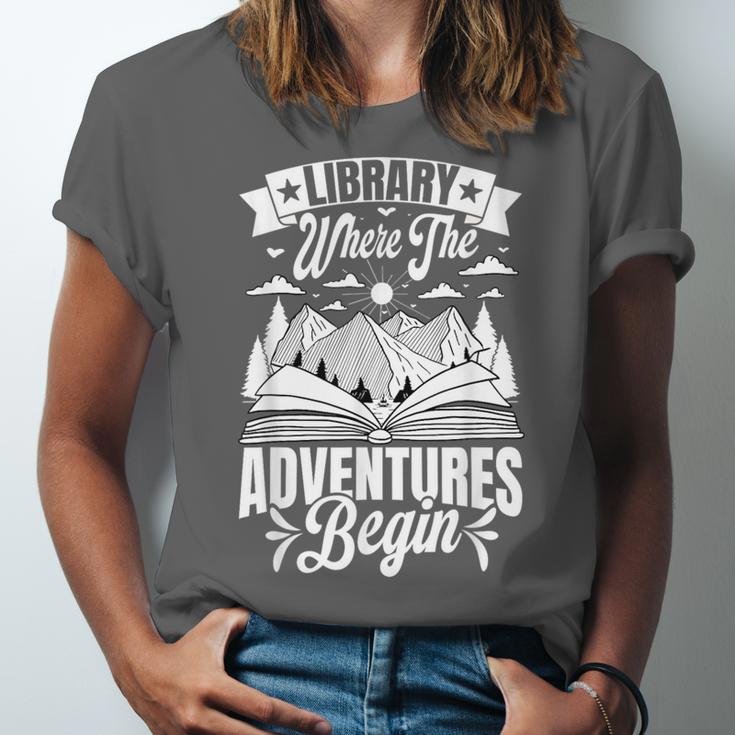 Library Where The Adventures Begin Librarian Book Readers Unisex Jersey T-Shirt