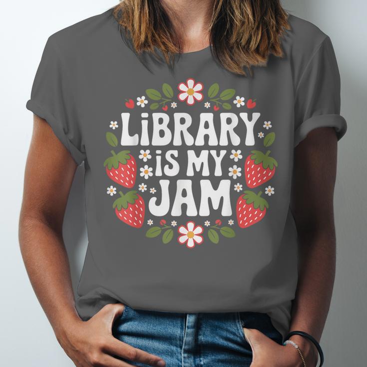 Library Is My Jam Librarian Book Lover Strawberry Unisex Jersey T-Shirt