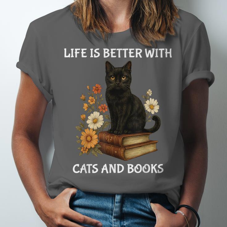 Life Is Better With Cats And Books Cute Cat Lover For Men Women Kids Unisex Jersey T-Shirt