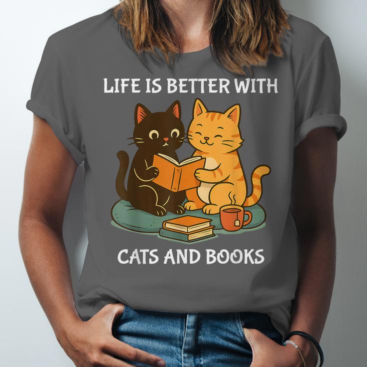 Life Is Better With Cats And Books Cute Cat Lover Unisex Jersey T-Shirt Life Is Better With Cats And Books Cute Cat Lover Unisex Jersey T-Shirt